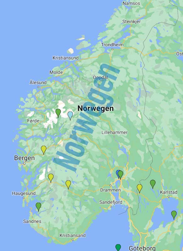 Norwegen Karte mit besuchten Stell- und Campingplätzen